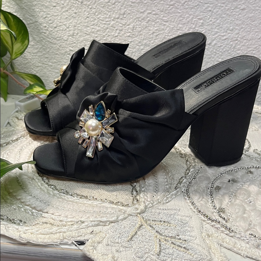 EUC Topshop Black Satin Mules with Jewel Embellishments - Picture 8 of 16